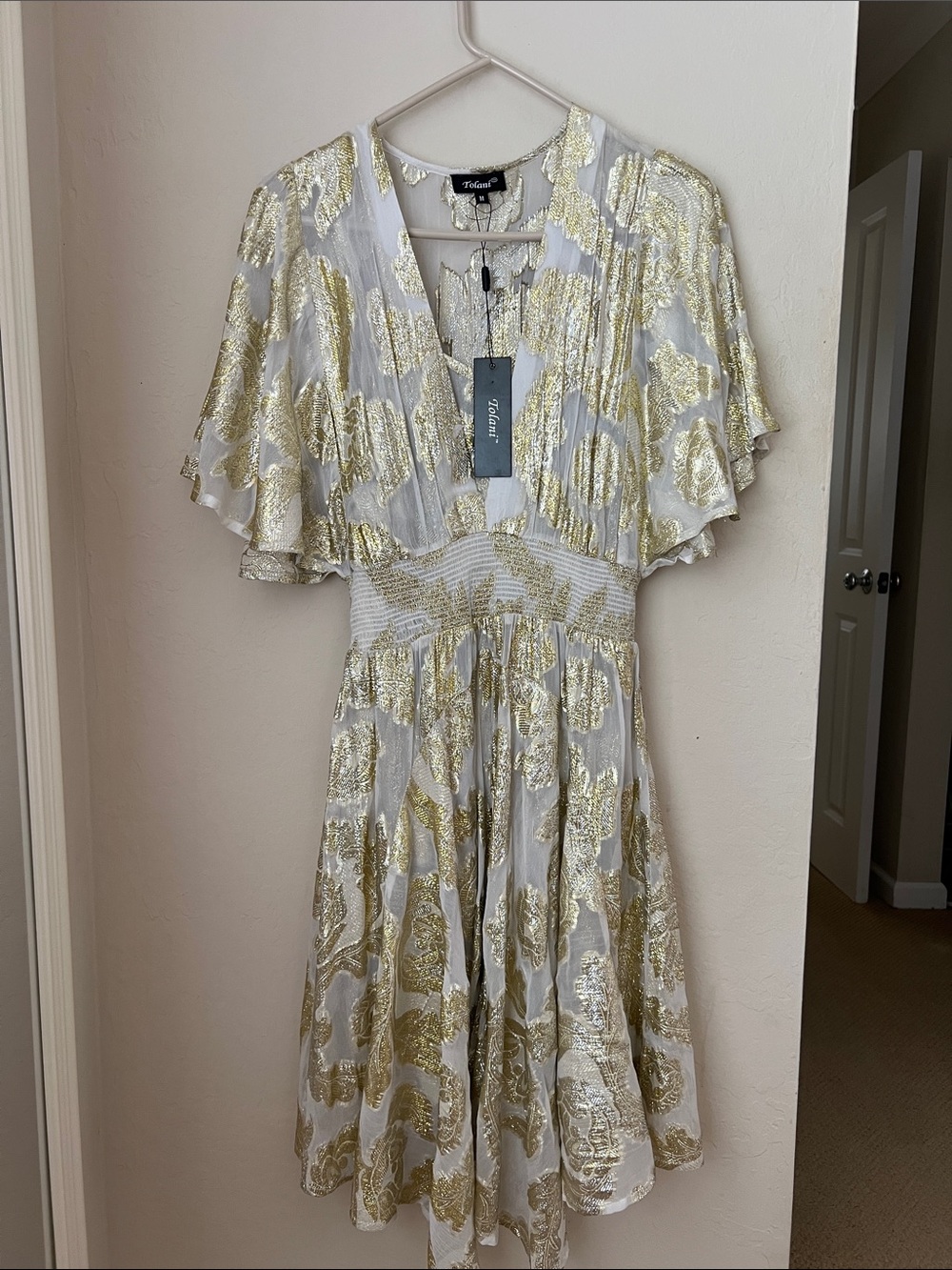 Tolani White and Gold Metallic Floral Midi Dress with Flutter Sleeves